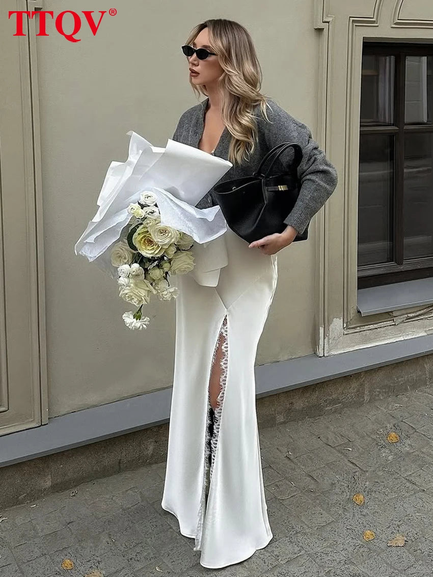 Elegant High Waist Floor Length Satin Skirt for Women