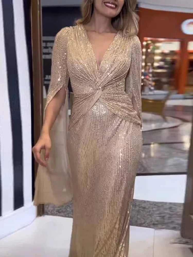 Elegant Sequin V Neck Long Sleeve Floor Length Maxi Dress for Women