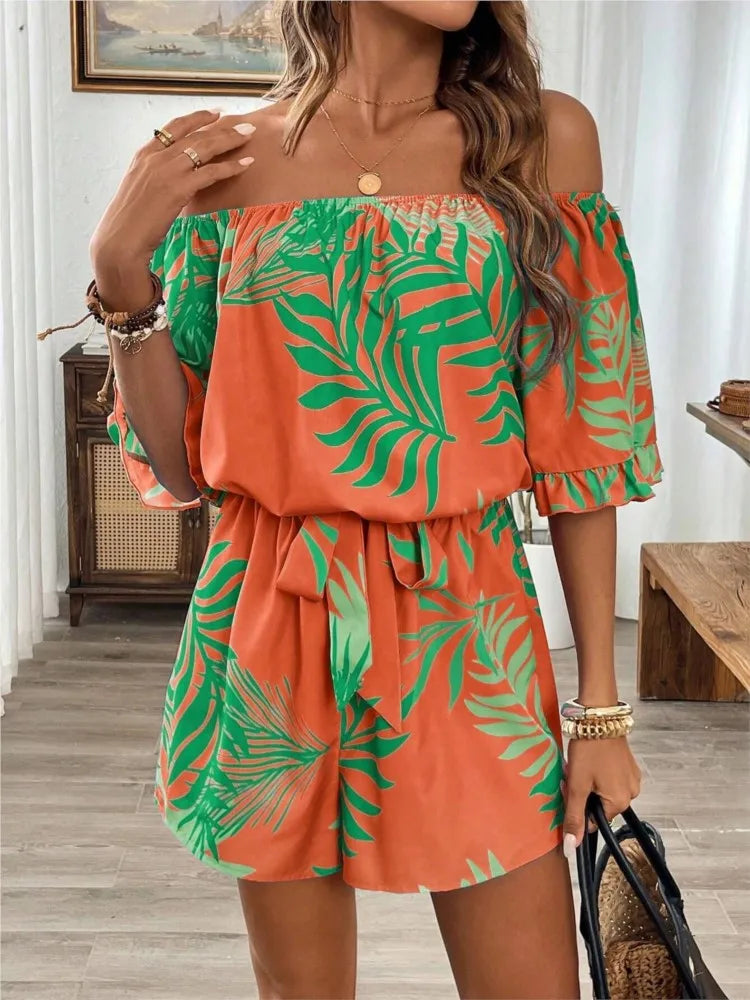 One-Shoulder Printed Short-Sleeve Lace-Up Waist Jumpsuit for Women