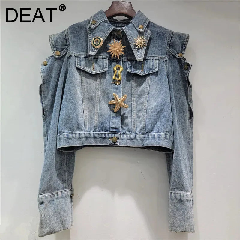 Hollow Out Short Denim Jacket With Metal Buckle Buttons For Women