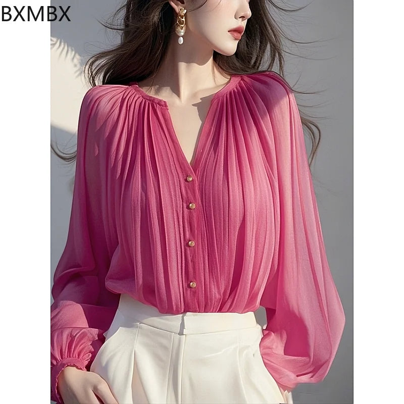 Charming Rose Red Chiffon Button Front Blouse For Women