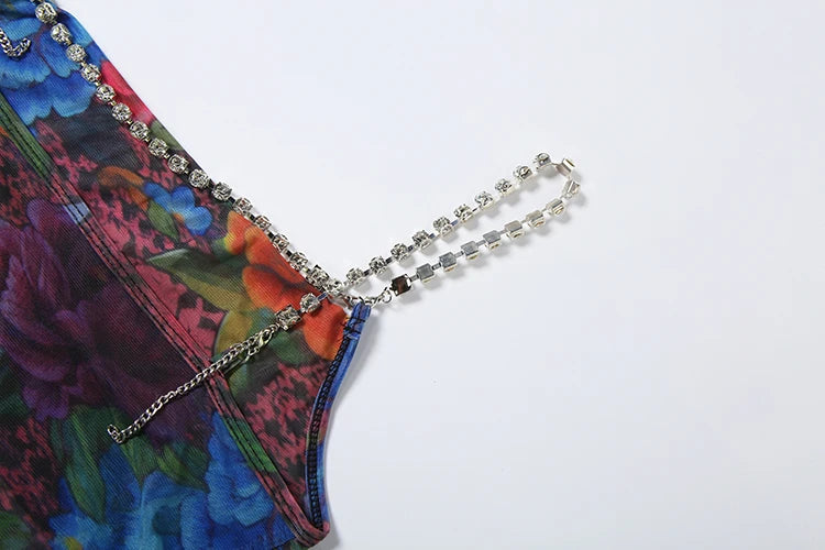 Floral Print Rhinestone Chain Low Neck Backless Mini Dress for Women