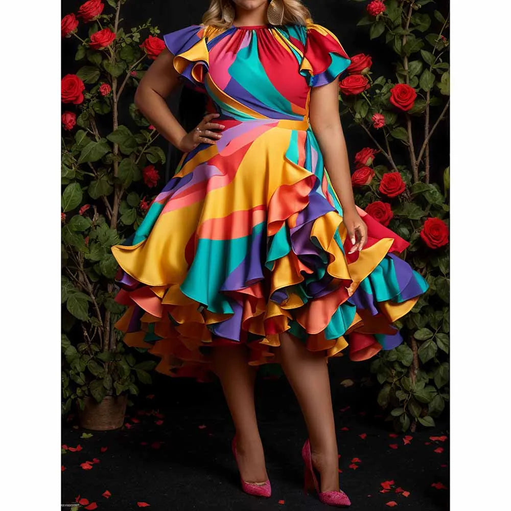 Plus Size Vintage Satin Colorblock Dress