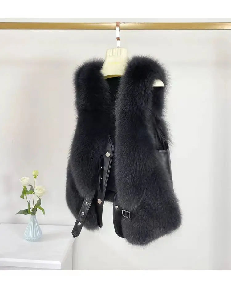 2025 Autumn Winter Women Vest Short Style Splicing Solid Color Fur Coat New