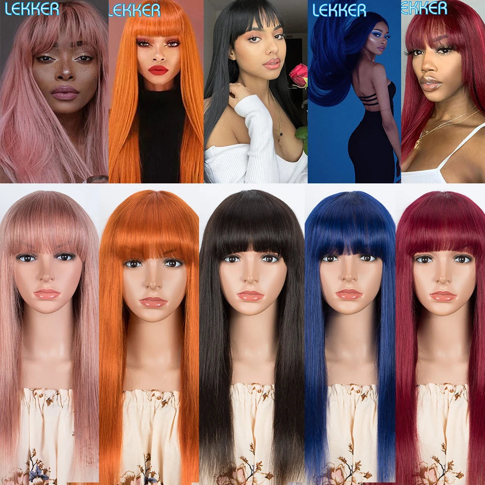 Blue Long Straight Human Hair Wig With Bangs for Women