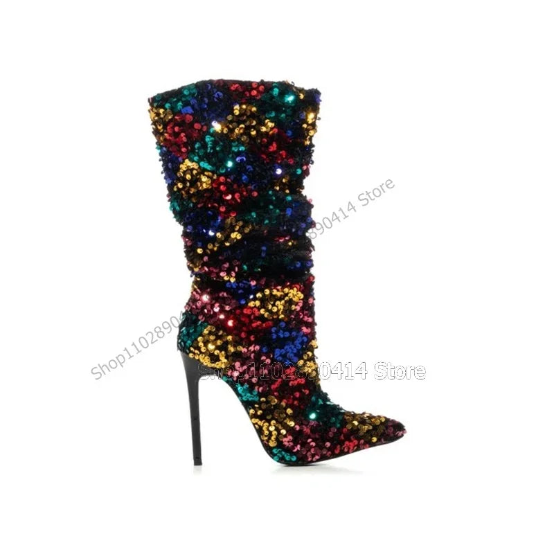 Colorful Pointed Toe Mid Calf Boots With Stiletto Heel for Women