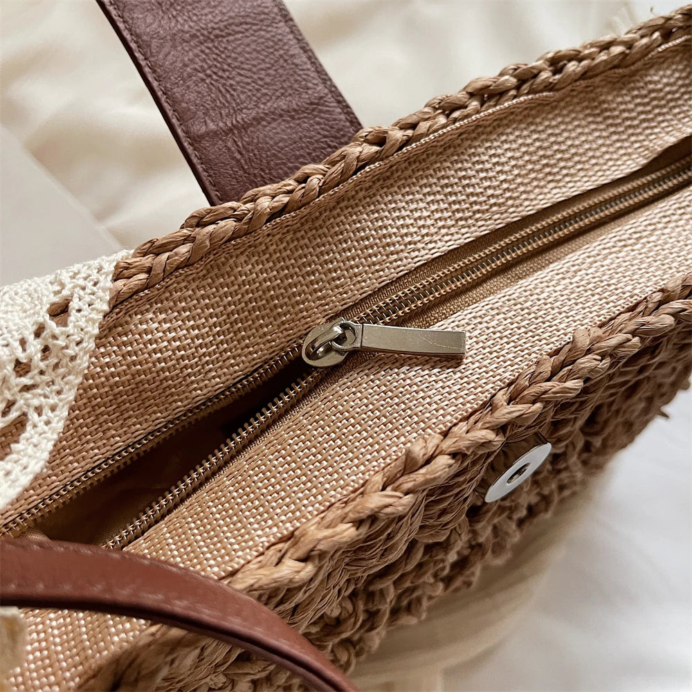 Straw Knitted Shoulder Bag With Bowknot Handmade for Women