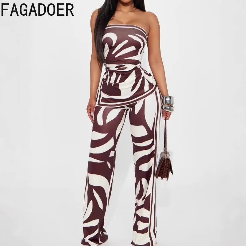 FAGADOER Fashion Stripe Print 2 Pieces Set for Woman Sleeveless Backless Top + Wide Leg Pant Outfits Matching Female Streetwear