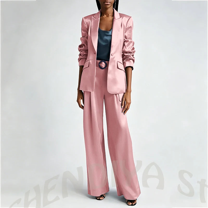 Women's Two Pieces Set Satin Peaked Lapel Elegant Fashion Single Button Straight Professional Tailor-Made Jacket with Pants