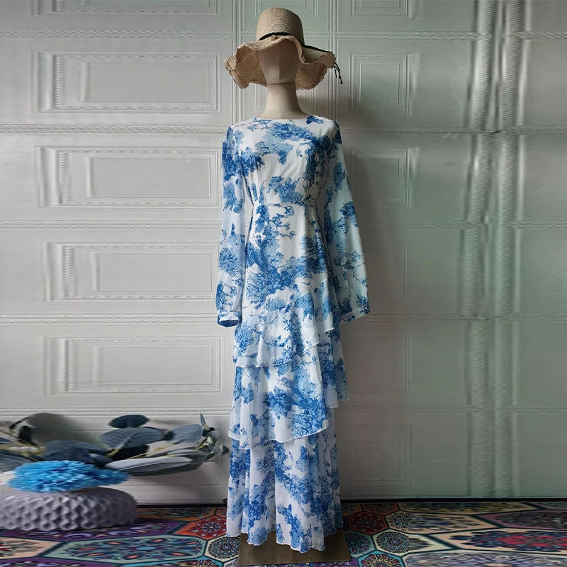 Cascading Ruffle Print Long Sleeve Maxi Dress for Women