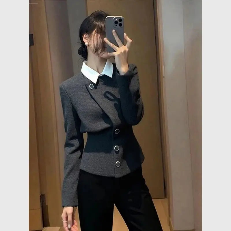 Grey Faux Two Piece Button Detail Casual Coat For Women