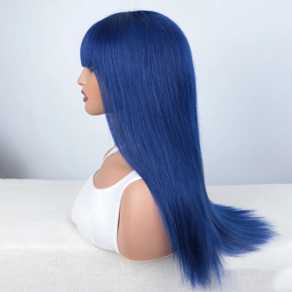 Blue Long Straight Human Hair Wig With Bangs for Women