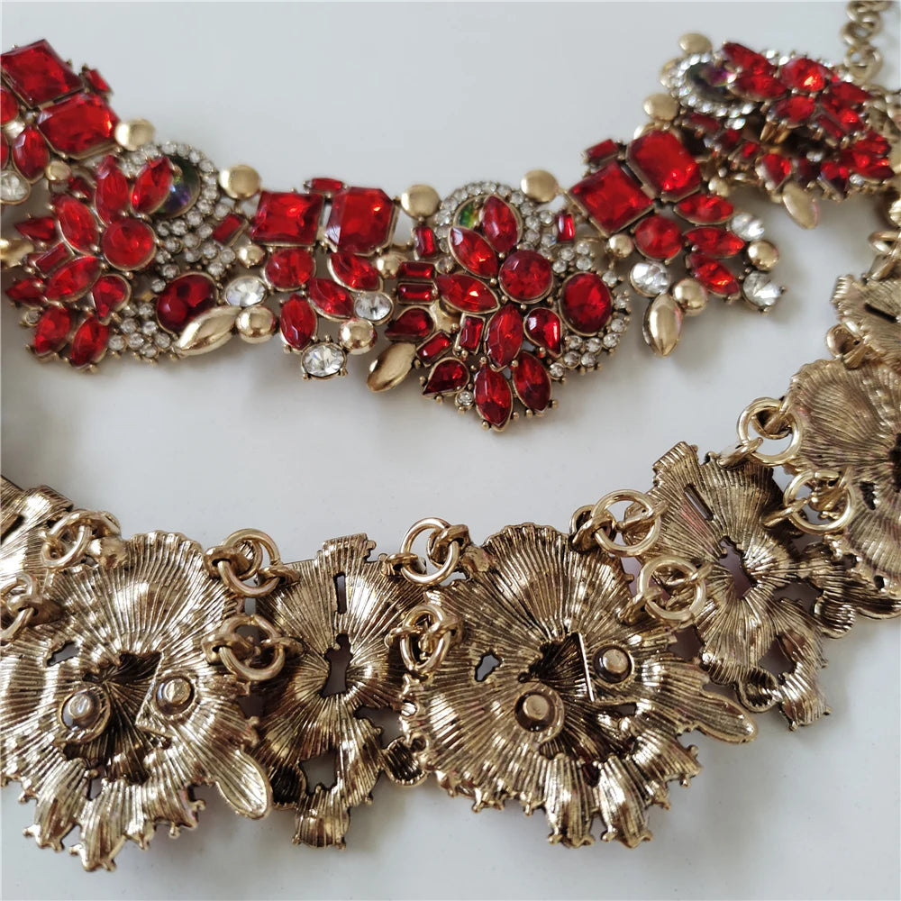 Red Crystal Statement Necklace and Earrings Set for Women