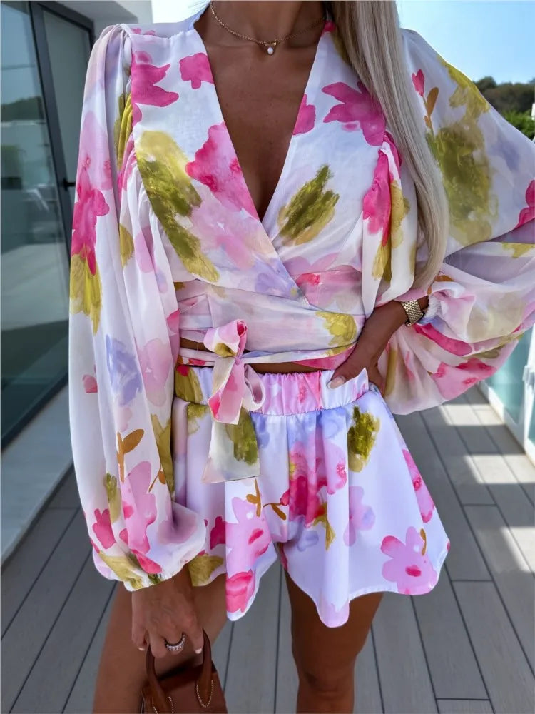 Lace-Up Lantern Sleeve Deep-V-Neck Chiffon Two-Piece Set for Women