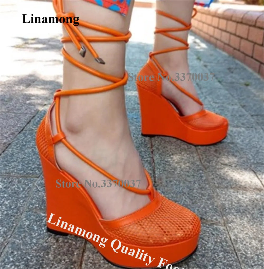 Round Toe Mesh Lace Up Cross Strap Wedge Sandals For Women