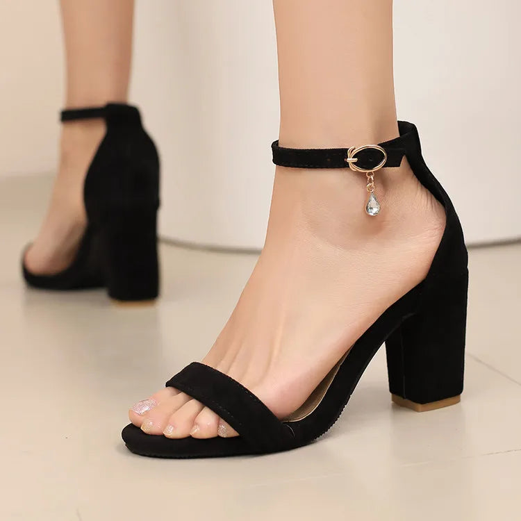 Beige Suede Rhinestone Block Heel Sandals