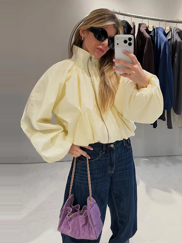 Zip Up High Neck Puff Sleeve Cropped Jacket For Women