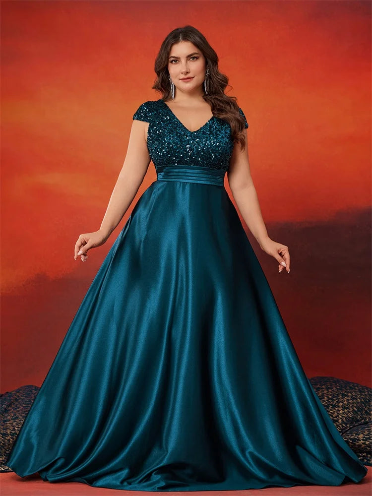 Plus Size Elegant V-Neck Green Sequin Evening Dress Long Luxury Women Satin Short Sleeves Party Prom Cocktail  Dress