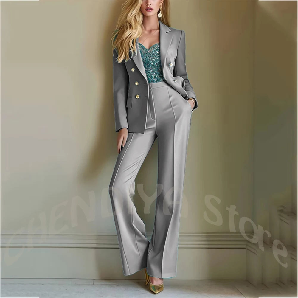 Solid Color Suit For Women High Quality Double Breasted Two Piece Notch Lapel Slim Fit Elegant Fashion Female Outfit Jacket Pant