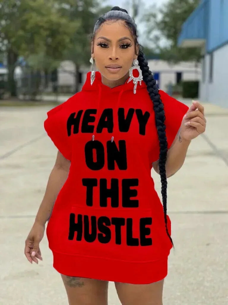 Women Streetwear Casual Letter Print Hooded Flare Short Sleeve Sweatshirt Style Dress 2024 New