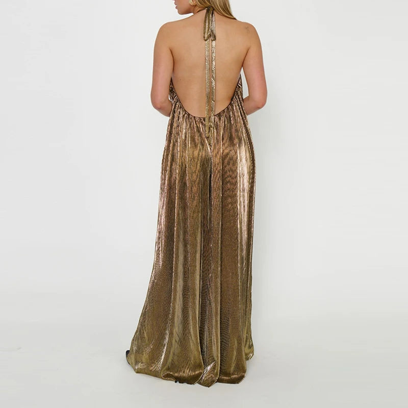 Metallic Halter Hollow Out Pleated Maxi Dress for Women