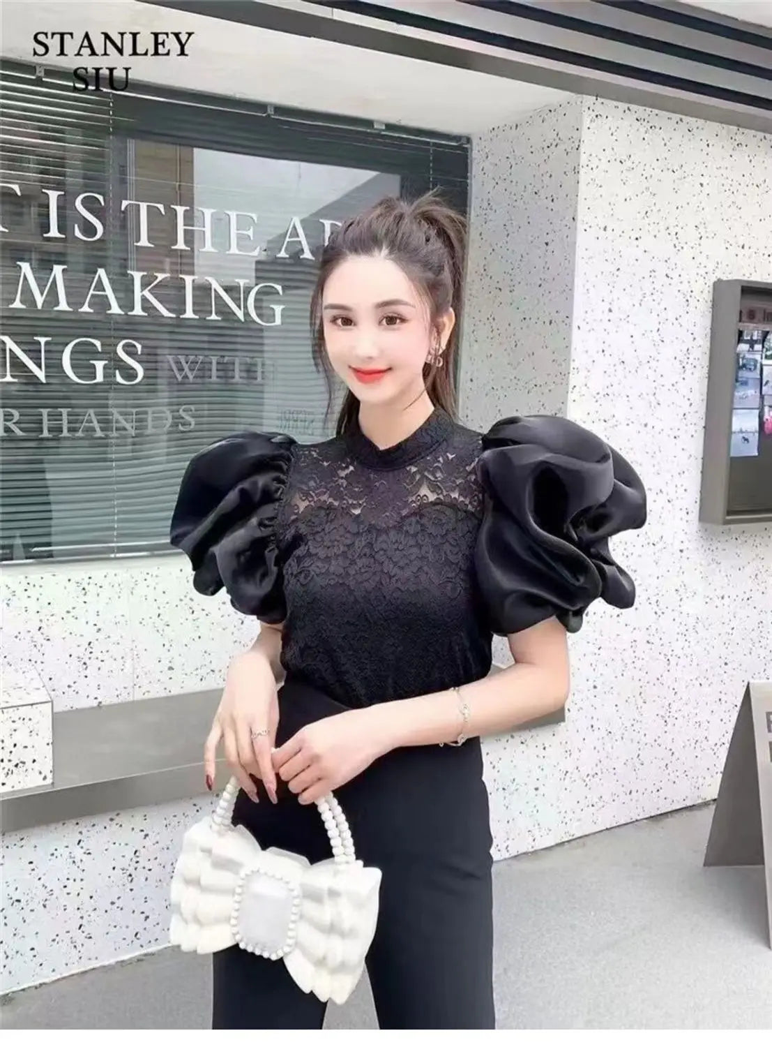 Korean V-Neck Bubble Sleeve Irregular Pleated Top for Women