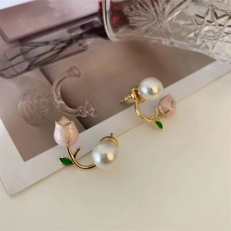 Pearl Tulip Enamel Stud Earrings With Zircon Drops for Women