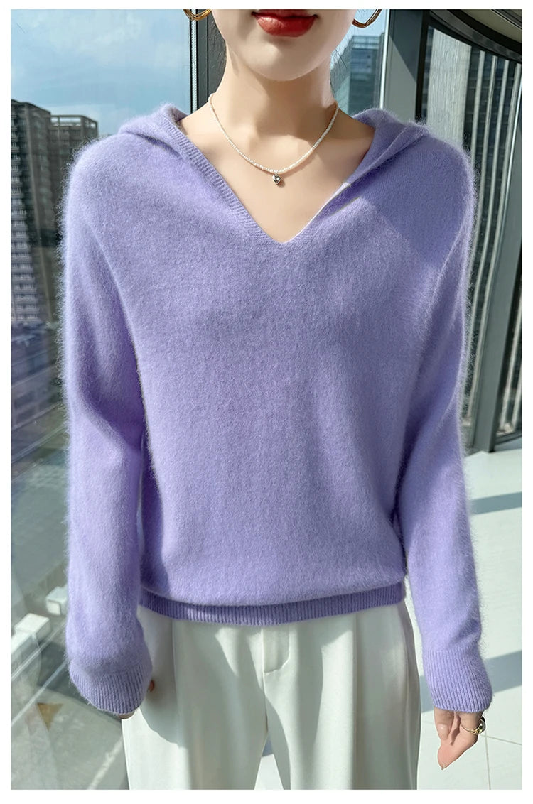 Loose Fit Thick Knit Hooded V-Neck Sweater for Women