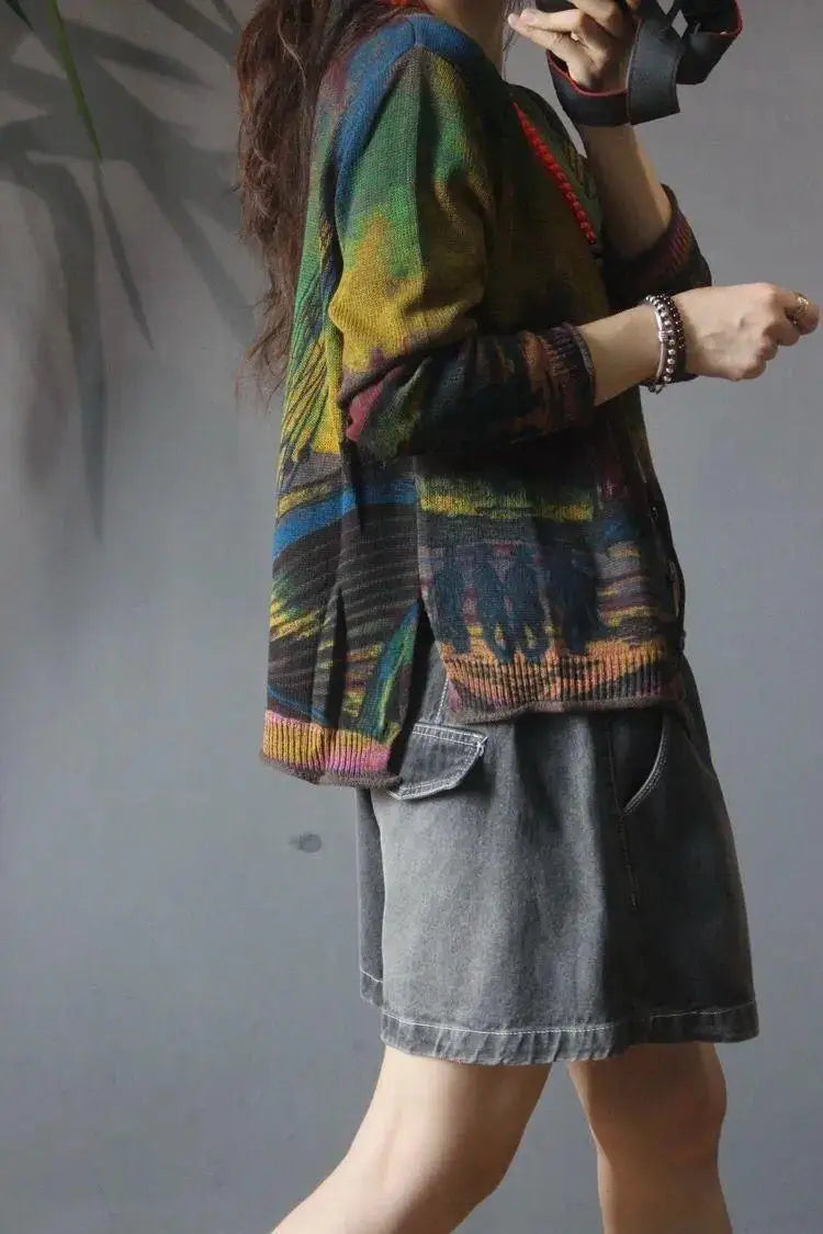 Women's Cardigans Loose V Neck Graphic Ladies Knit Sweaters Outerwear Fall 2025 Lightweight Korean Streetwear Fashion Hot Y2k