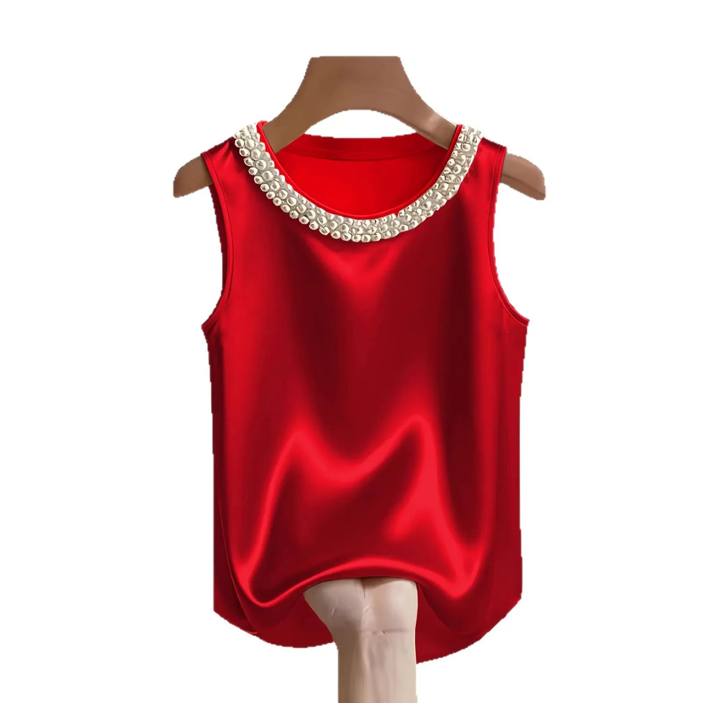 Loose Satin Beaded Pearl Decor Sleeveless Tank Top for Women