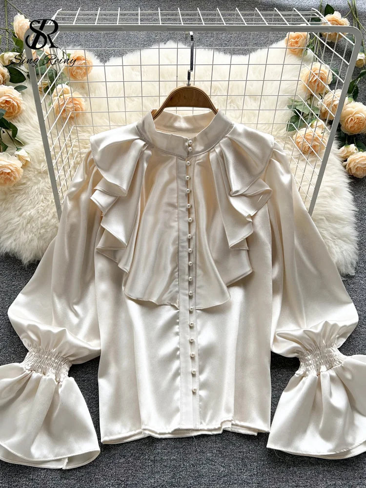 Elegant Satin Ruffle Long Sleeve Blouse for Women