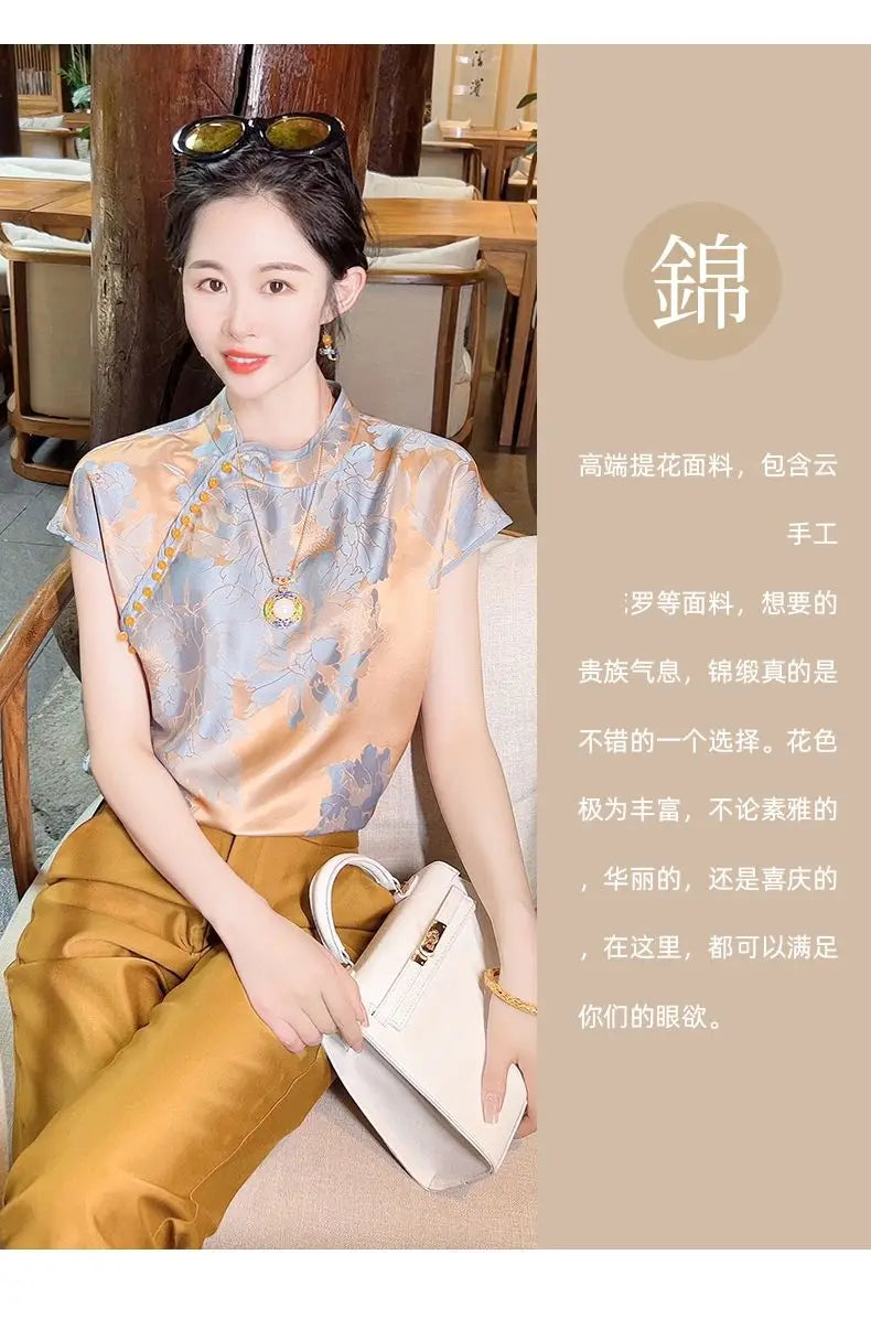 Chinese Inspired Floral Jacquard Satin Blouse For Women