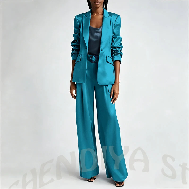 Women's Two Pieces Set Satin Peaked Lapel Elegant Fashion Single Button Straight Professional Tailor-Made Jacket with Pants