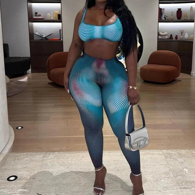 FAGADOER Fashion Stripe Patchwork 2 Piece Sets Woman Outfit Gradient Backless Vest Top + Skiny Pants Suit Female Jogger Clothing