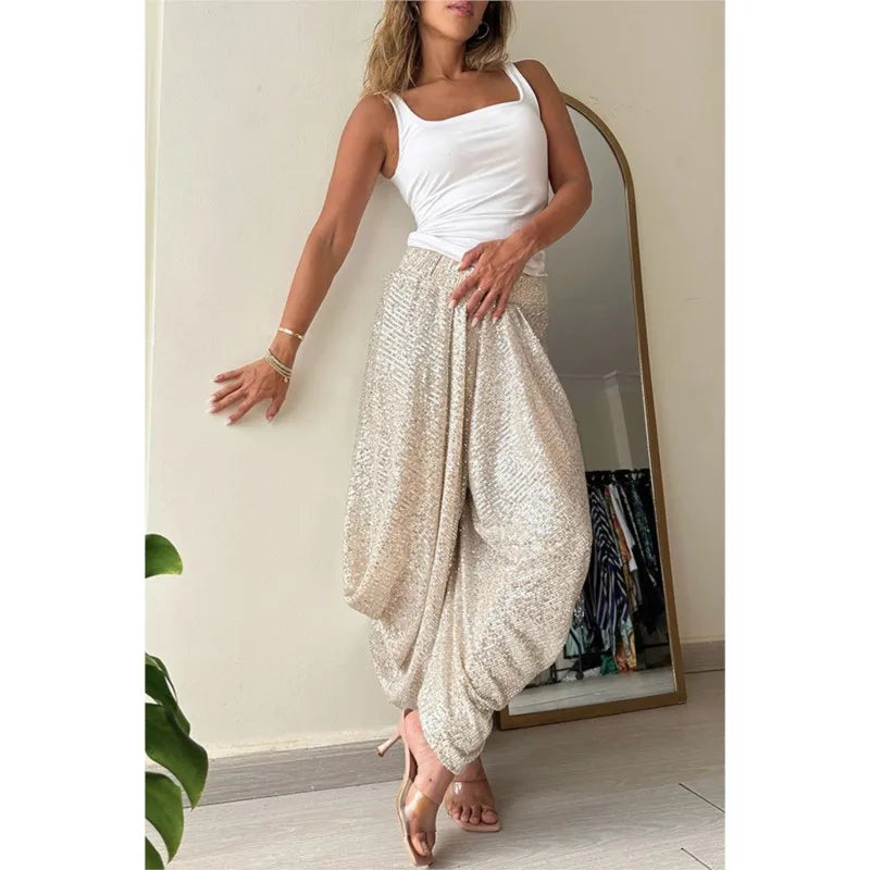 Women Elastic Waist Bloomers Spring Summer Sequins Patchwork Trousers Loungewear Fashion Solid Loose Ladies Streetwear