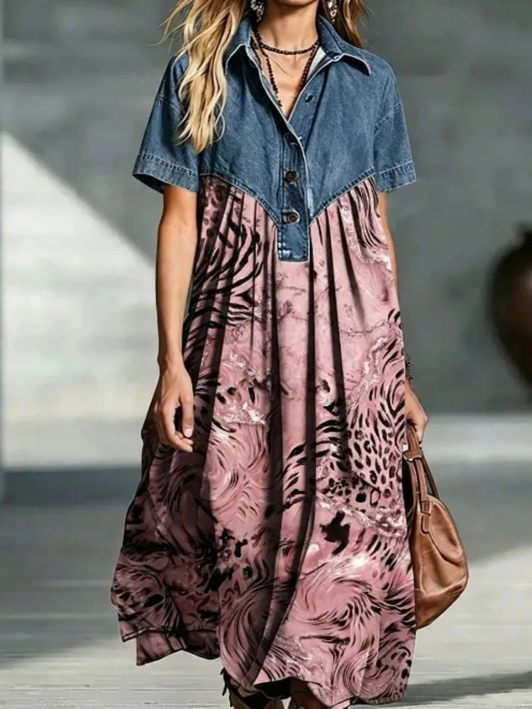 Leopard Print Denim Panel Maxi Dress