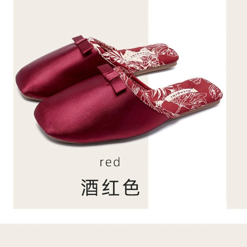 Elegant Silk Print Butterfly Knot Flat Slippers for Women