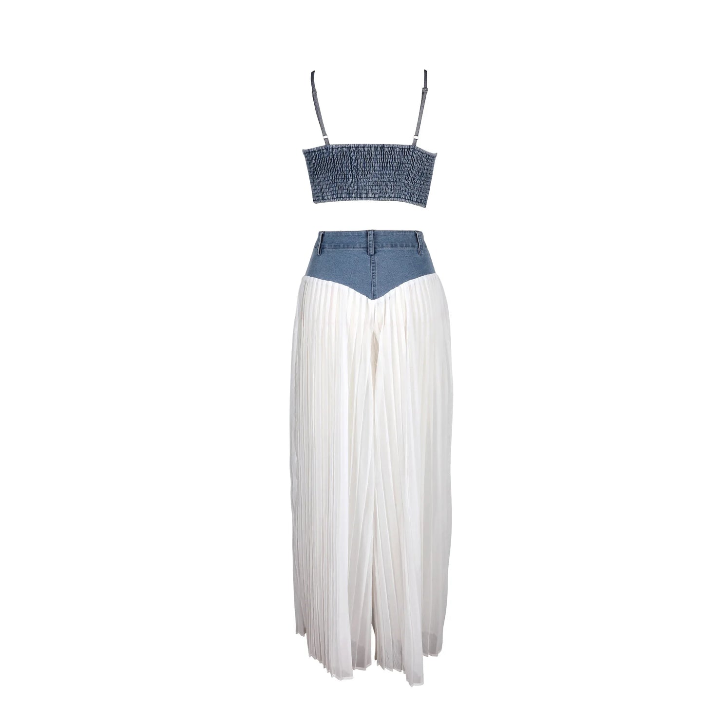 Spaghetti Strap Crop Top Denim Patchwork Two Piece Set for Women
