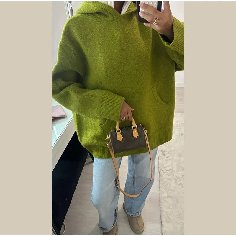 Green Women's Knit Hoodie Coat Full Sleeve Front Pocket  Casual Sweater Top 2025 Early Autumn Loose Female Knitwear Outerwear