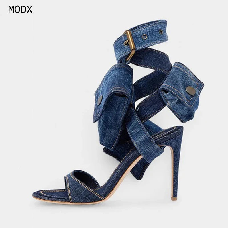 Blue Denim Pockets Design Open Toe Sandals for Women