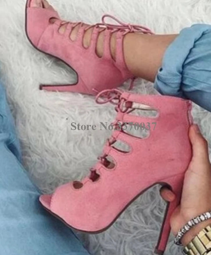 Lace Up Cross Strap Peep Toe Suede Leather Stiletto Pumps for Women