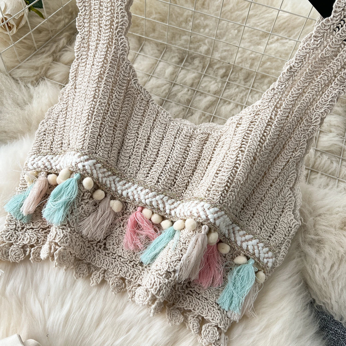 Bohemian Knit Tassel Crop Top and Skirt Set for Women