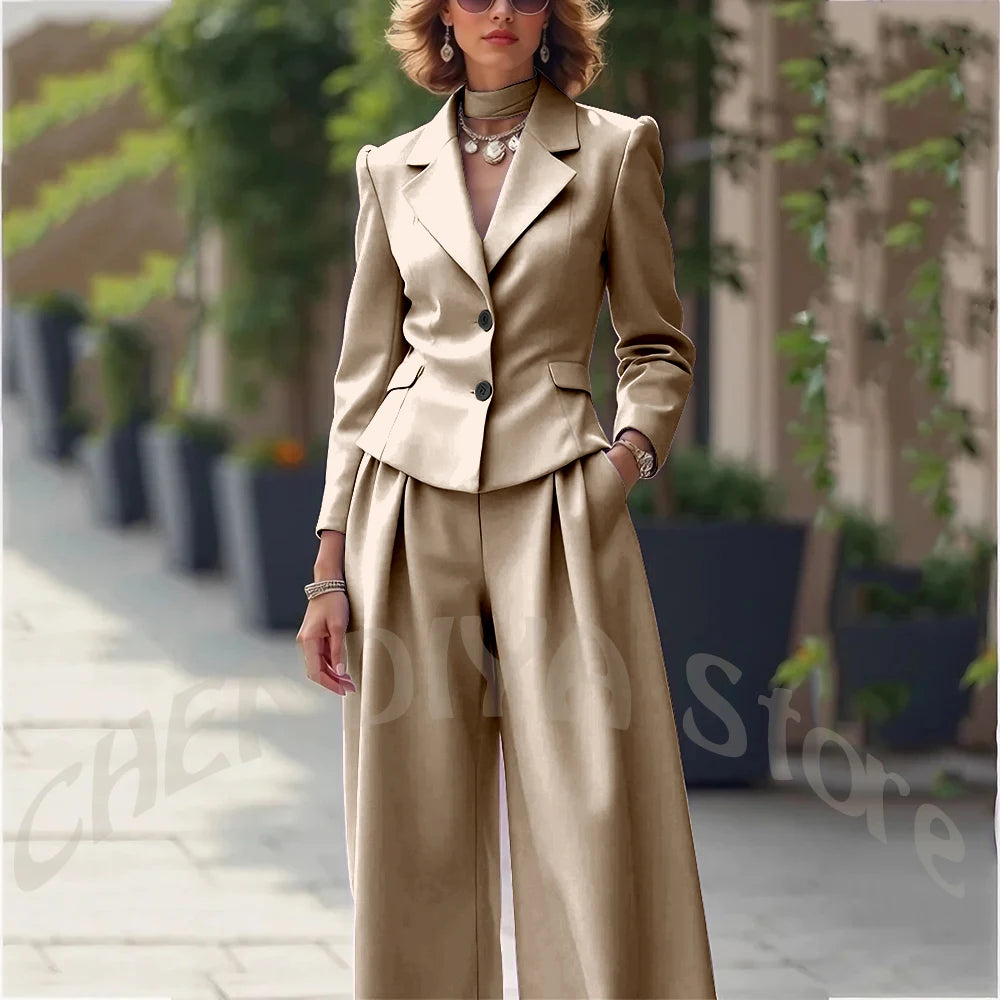Elegant Notch Lapel Tailored Two Piece Suit Set for Women