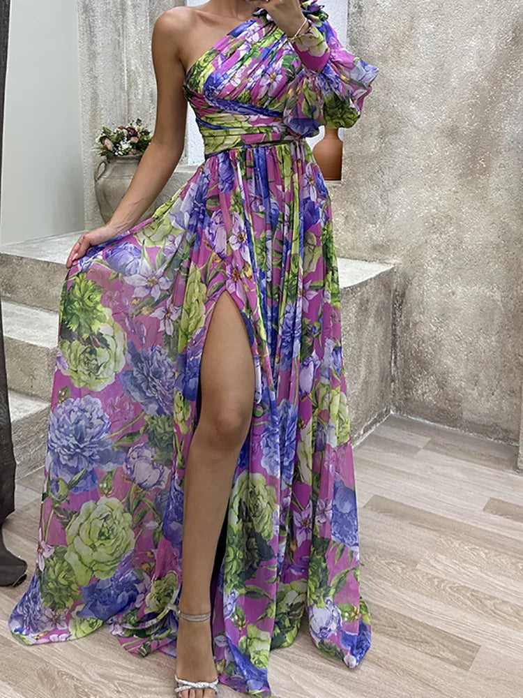 Women Loungewear One Off Shoulder Holiday Dress, Skew Collar Fashion Long Sleeve Party Dress, Patchwork Print Ladies Maxi Dress