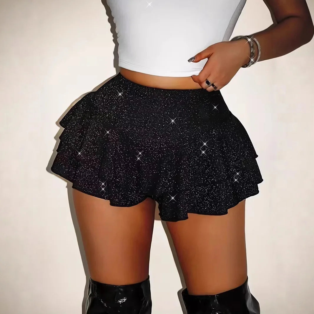 Sequin Patchwork High Waist Bubble Puff Skirt for Women