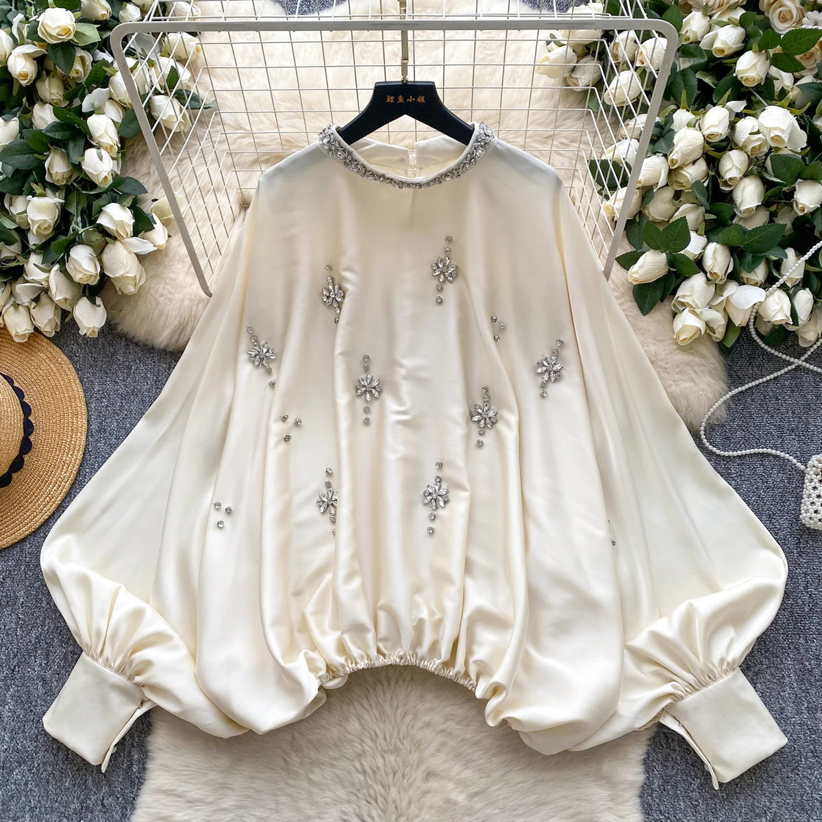 Elegant Beaded Satin Batwing Sleeve Blouse for Women