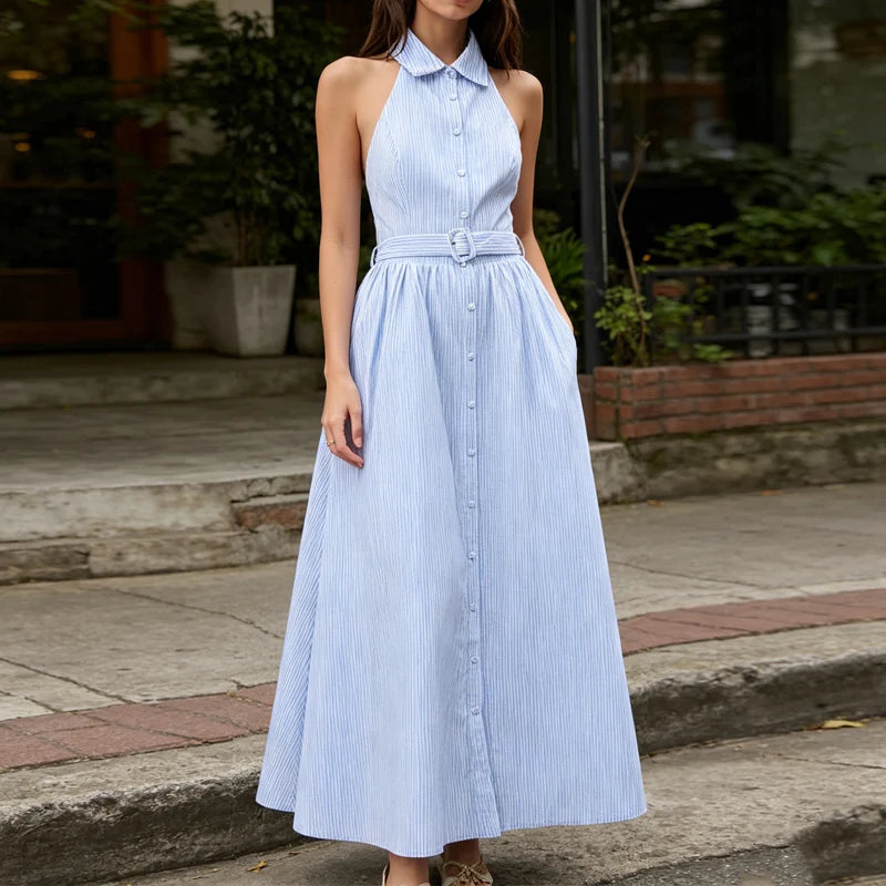 Vintage Striped Belted Ankle Length Shirt Dress for Women