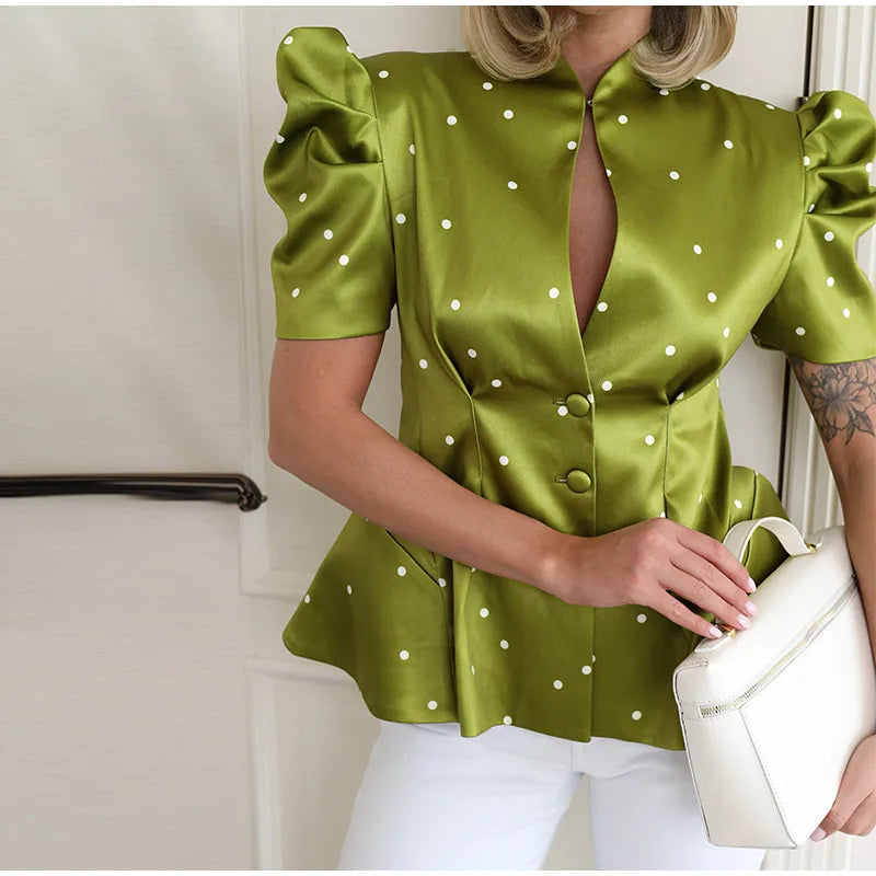 Elegant Printed Puff Sleeve Stand Collar Shirt for Women