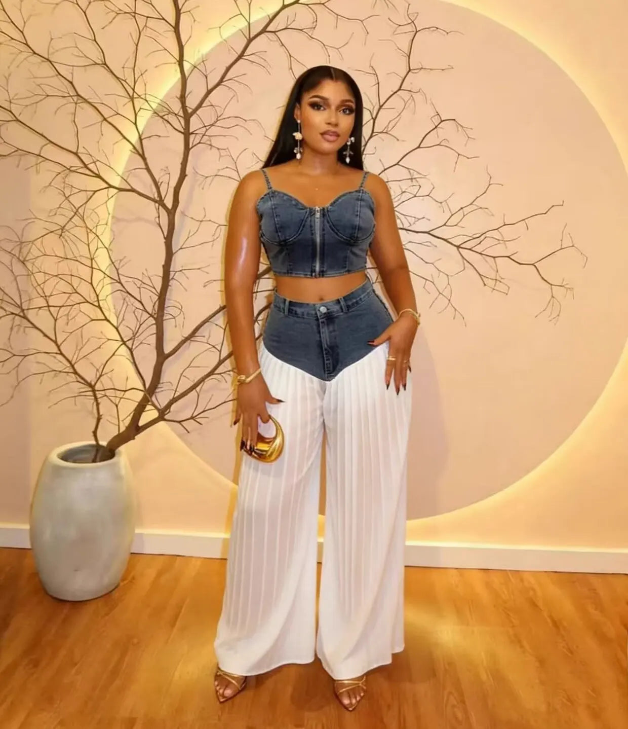 Casual Patchwork Wide Leg Denim Tracksuit Set for Women
