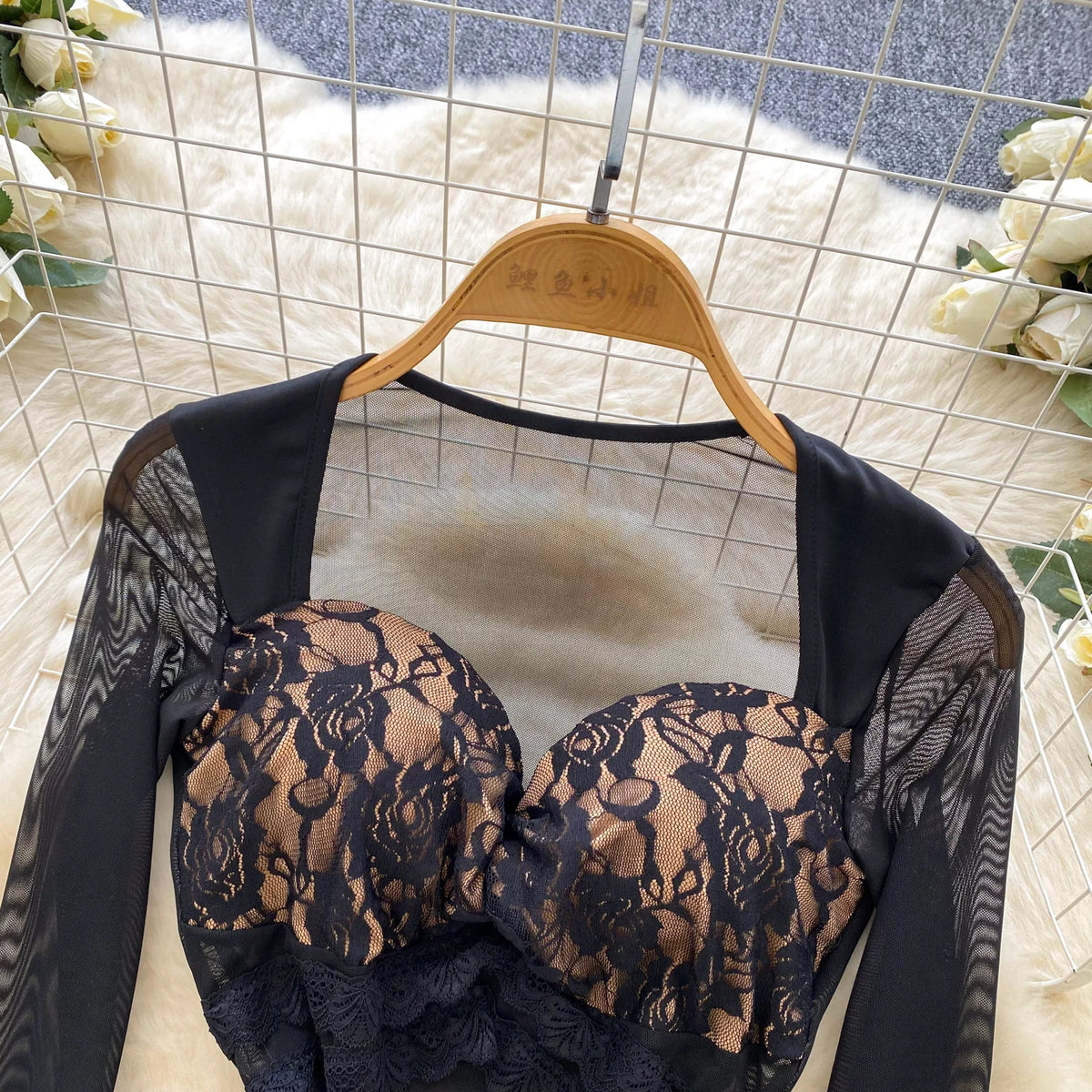 Floral Lace Mesh Bodysuit and Ruffle Mini Skirt Set for Women